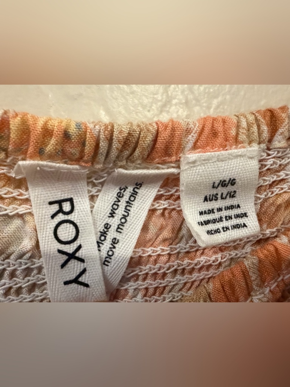 Roxy Floral Smocked Mini Dress Puff Sleeve Boho Cottagecore Orange Cream Size L - Picture 4 of 4